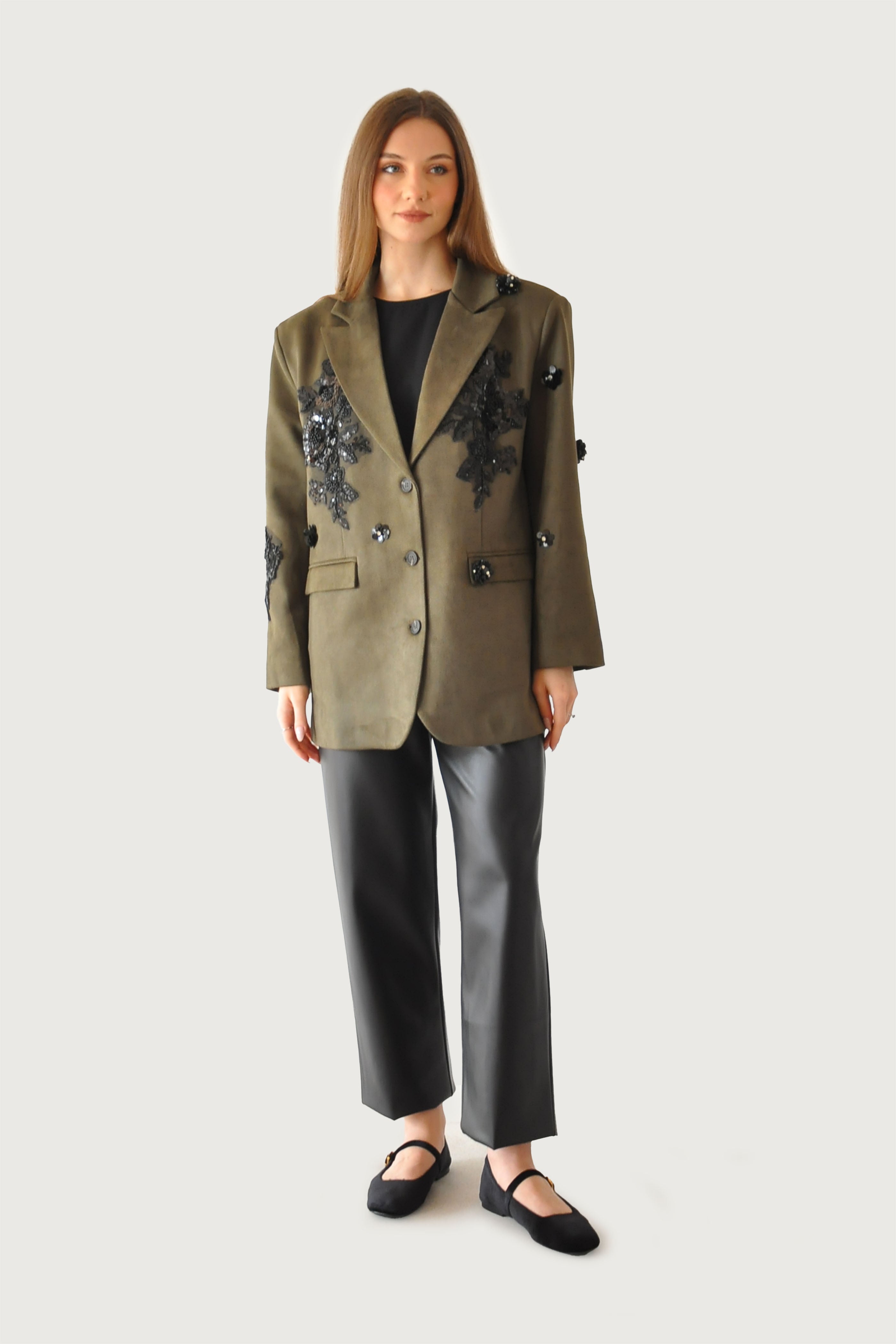 Nakışlı Süet Ceket - Haki