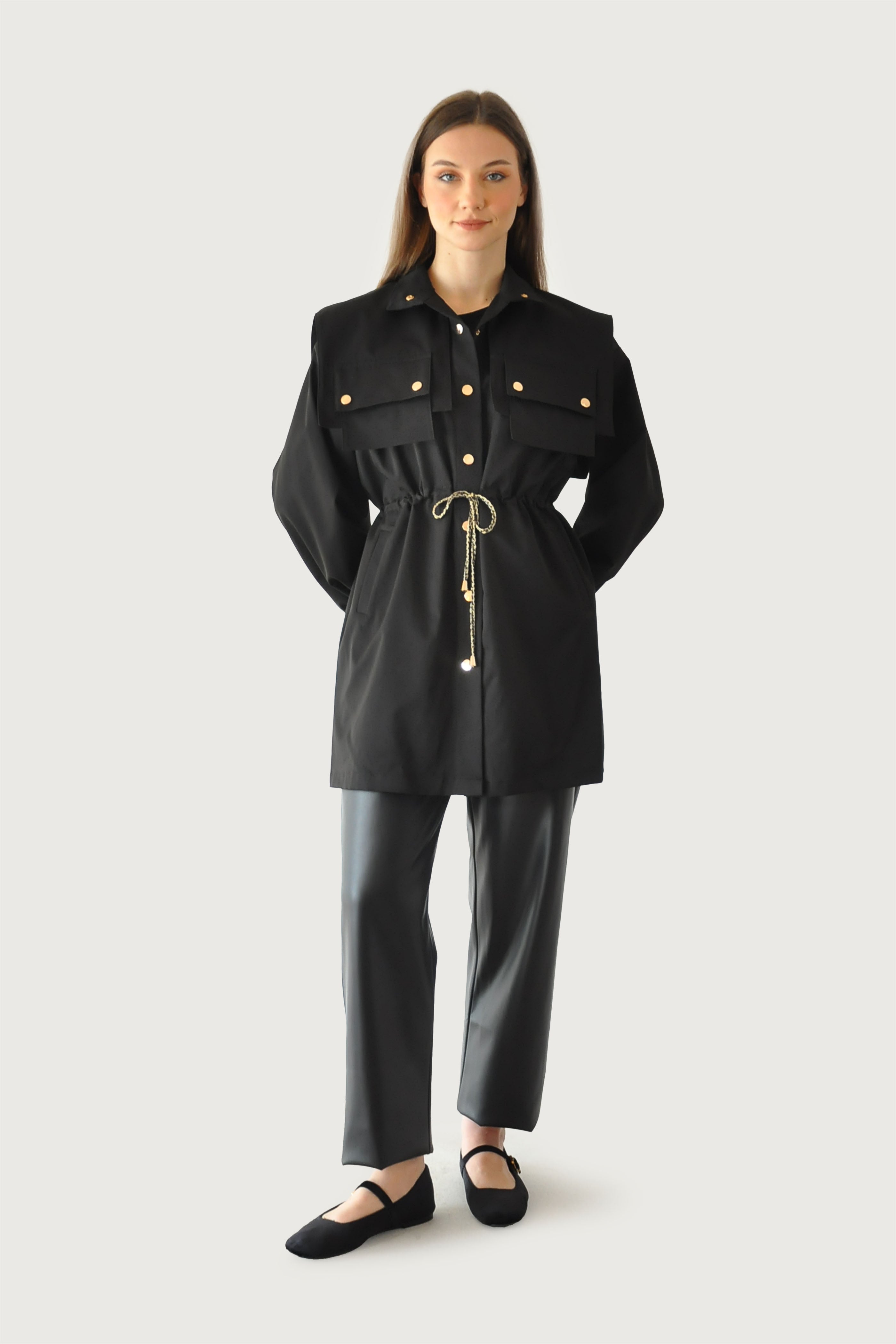 Bağcıklı Trençkot - Siyah
