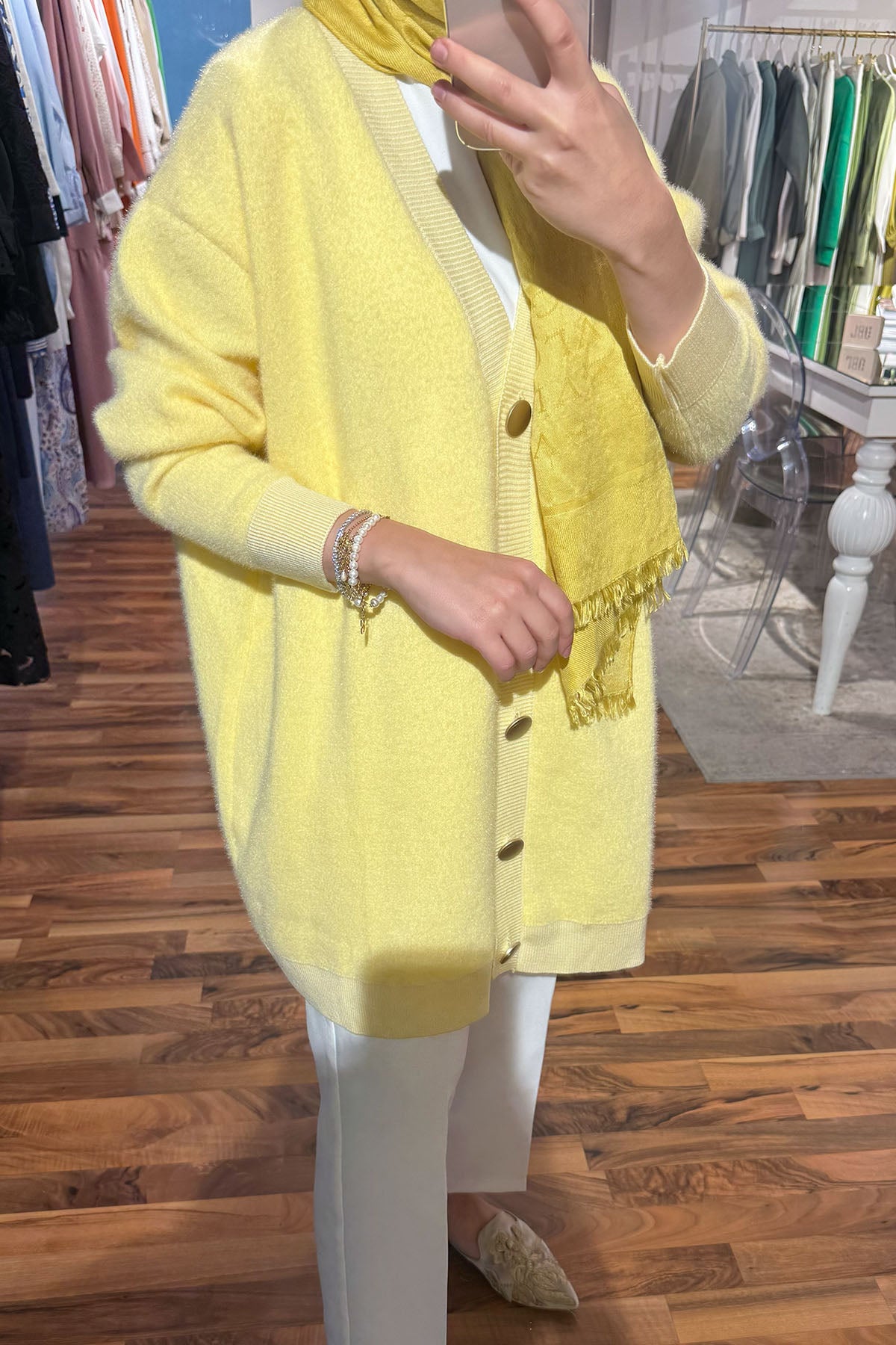 Angora Düğmeli Hırka - Sarı