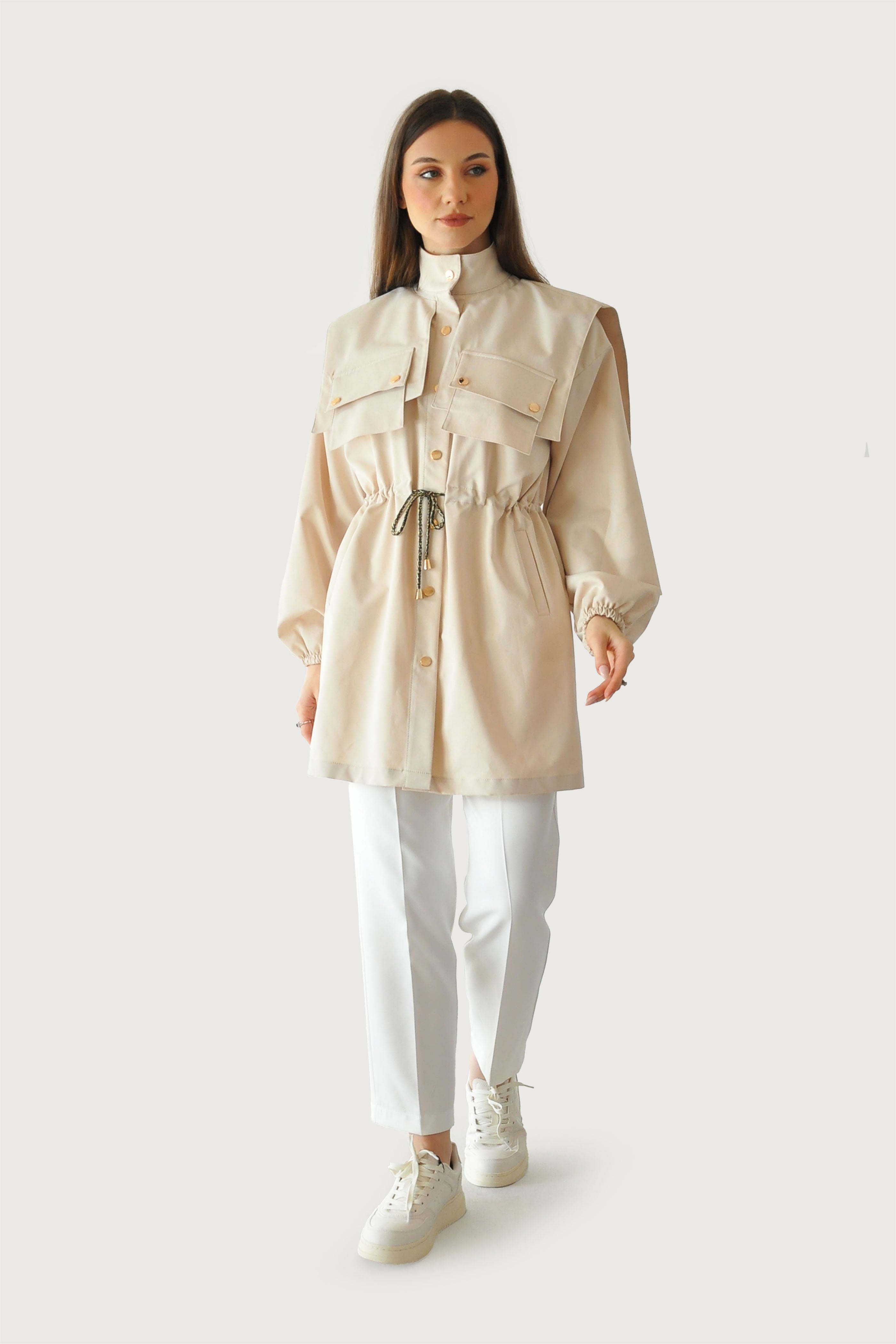 Bağcıklı Trençkot - Krem