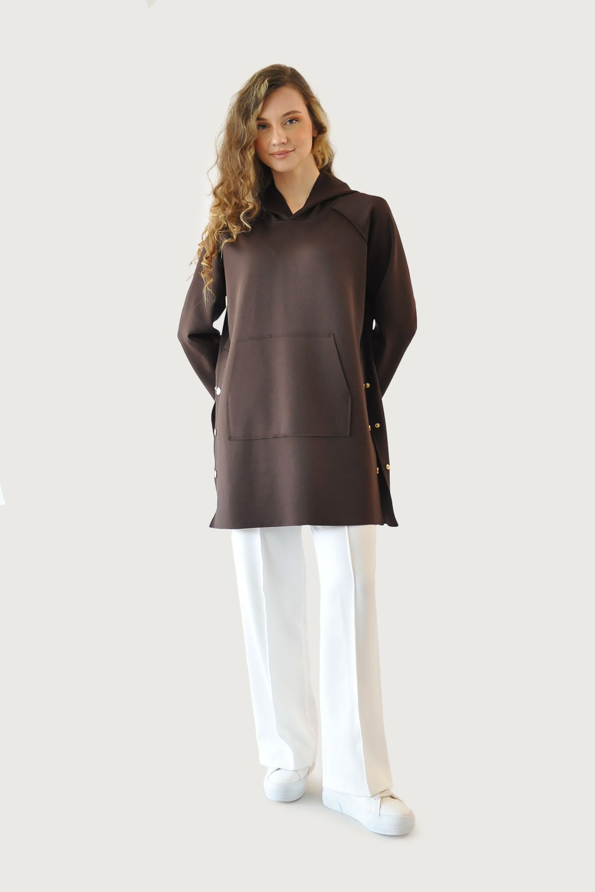 Çıtçıtlı Scuba Sweat - Kahverengi