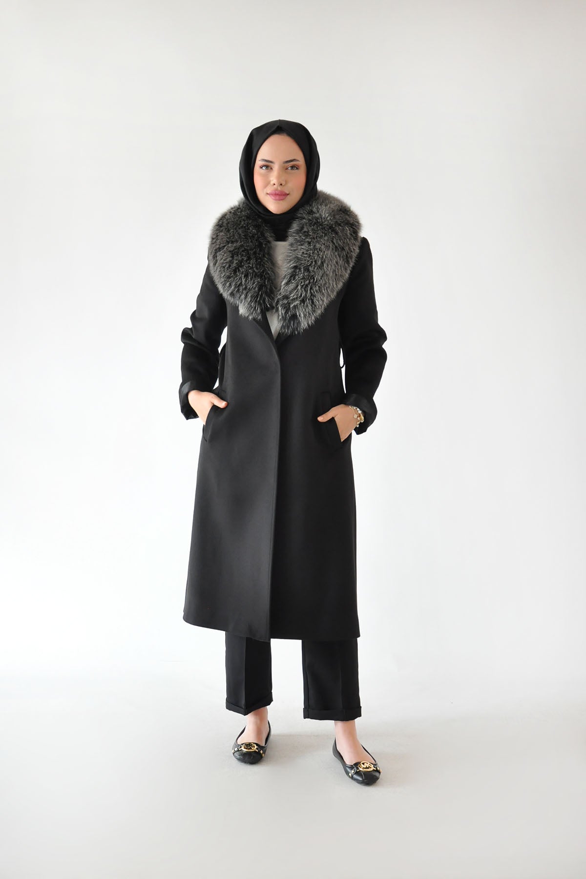 Kürk Detaylı Kaşe Kaşmir Kaban - Siyah