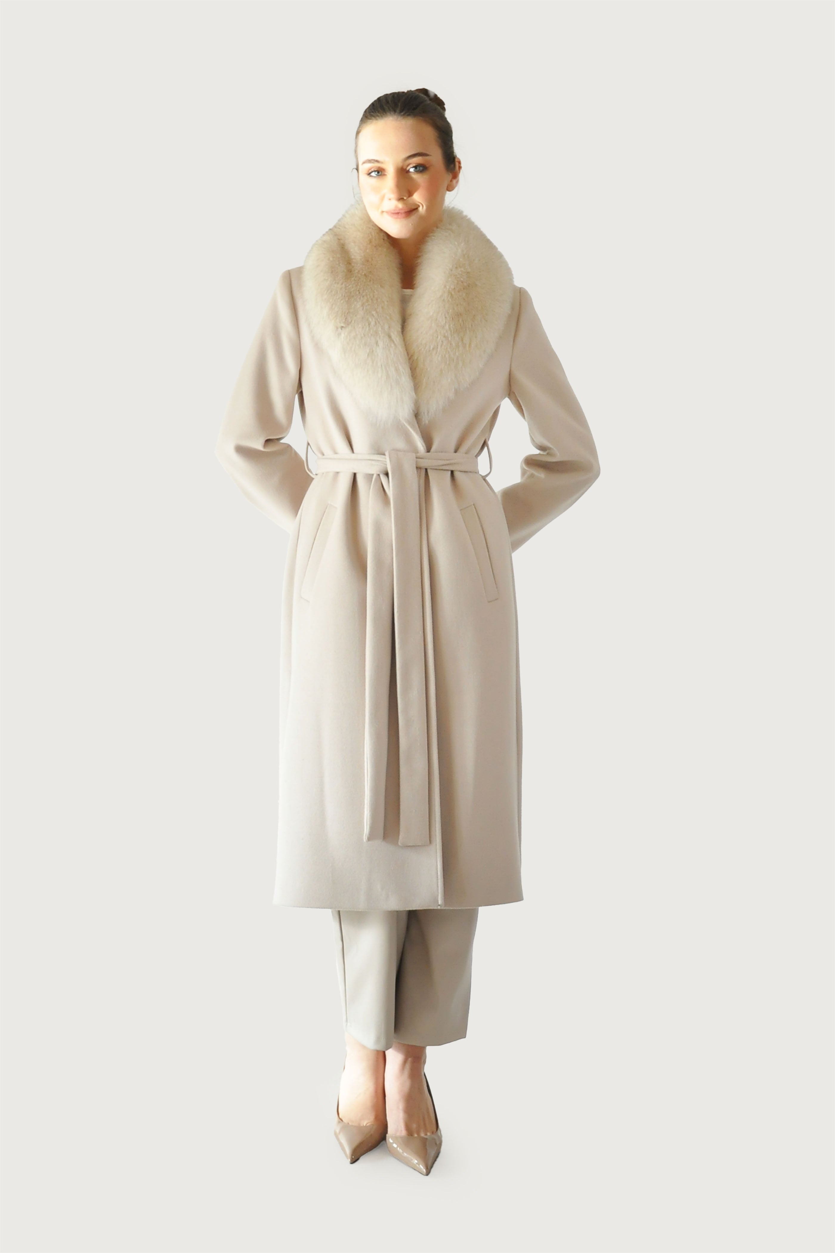 Kürk Detaylı Kaşe Kaşmir Kaban - Taş Rengi