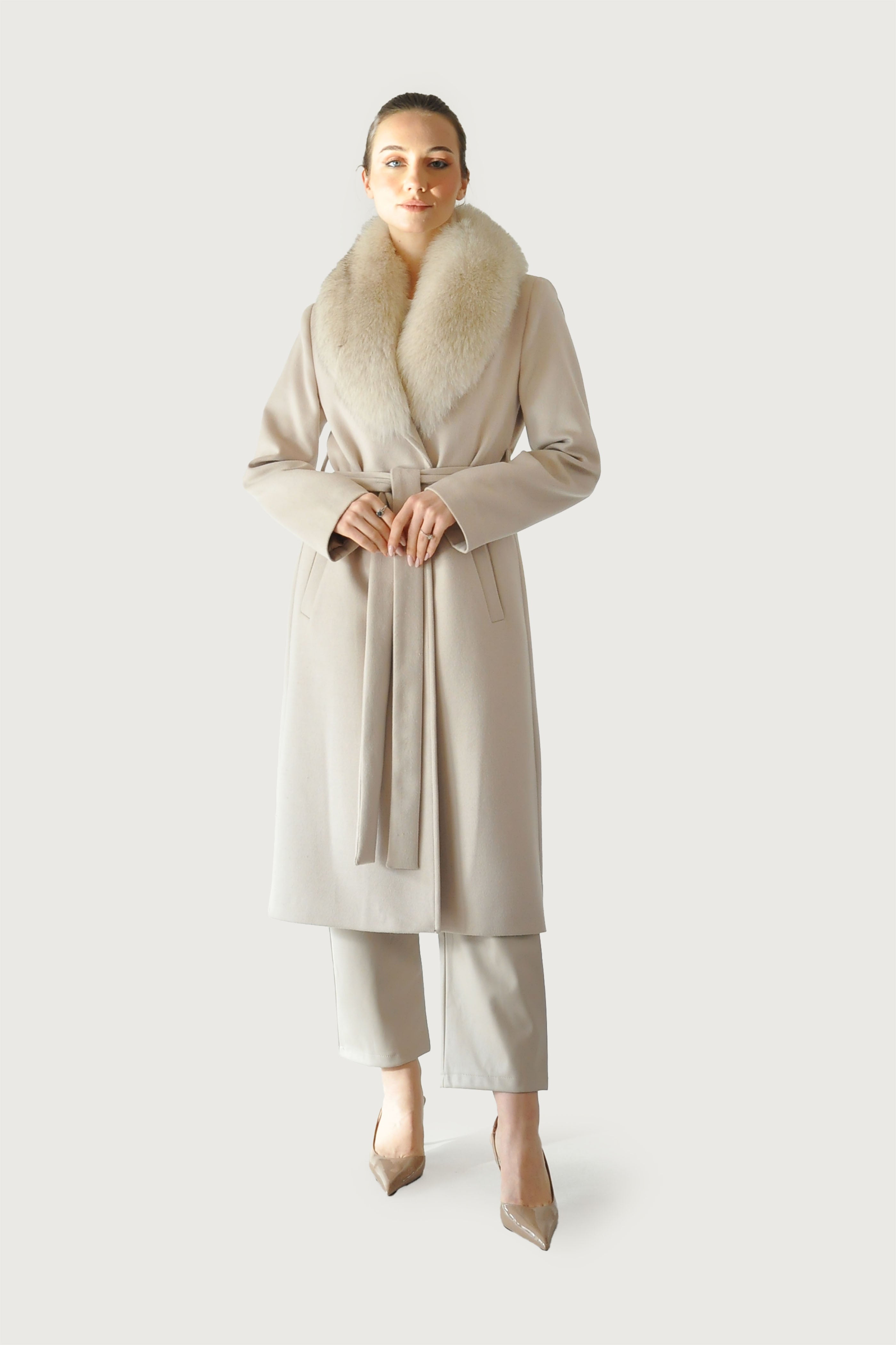 Kürk Detaylı Kaşe Kaşmir Kaban - Taş Rengi