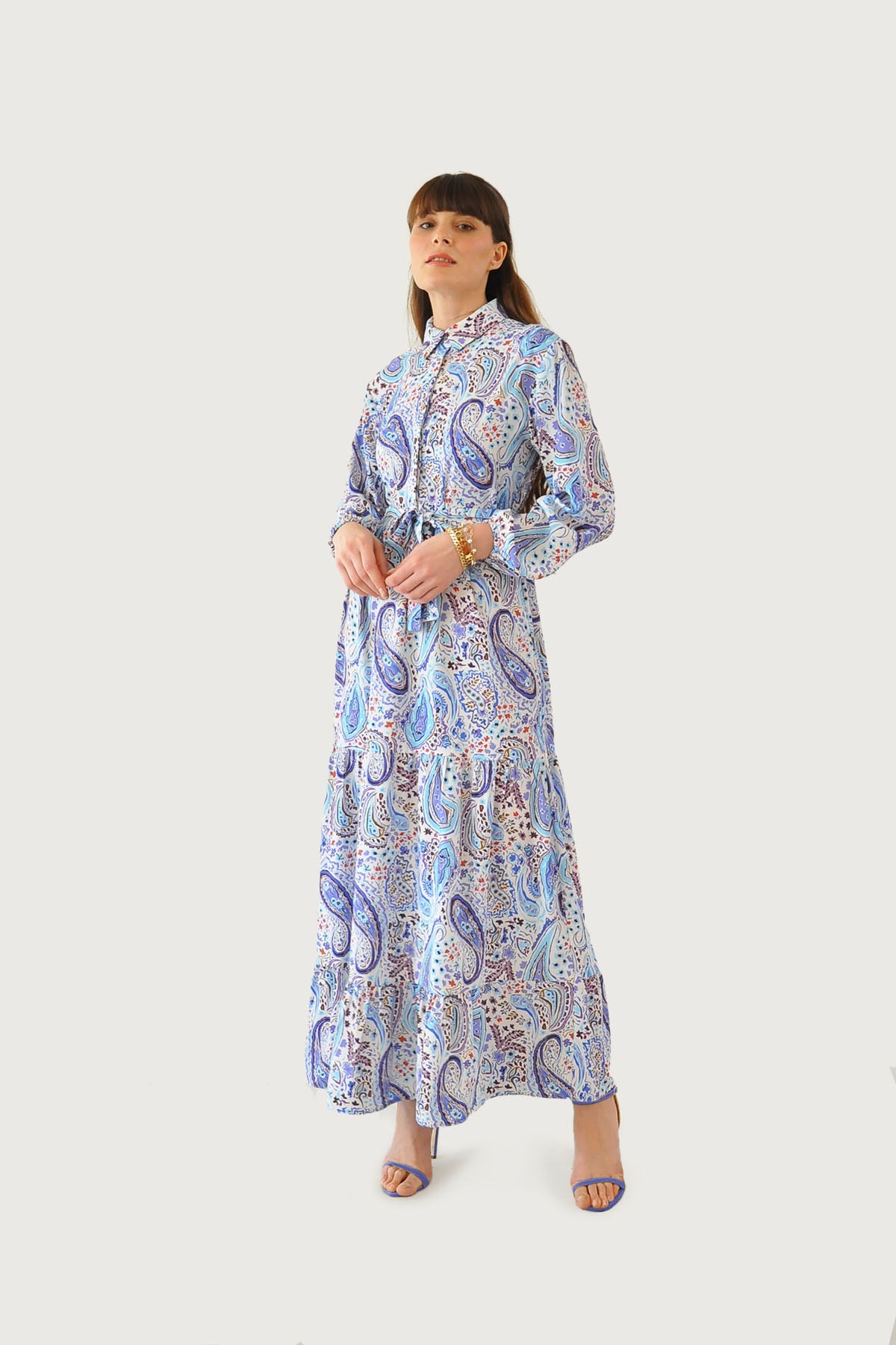 Şal Desenli Elbise - Mavi