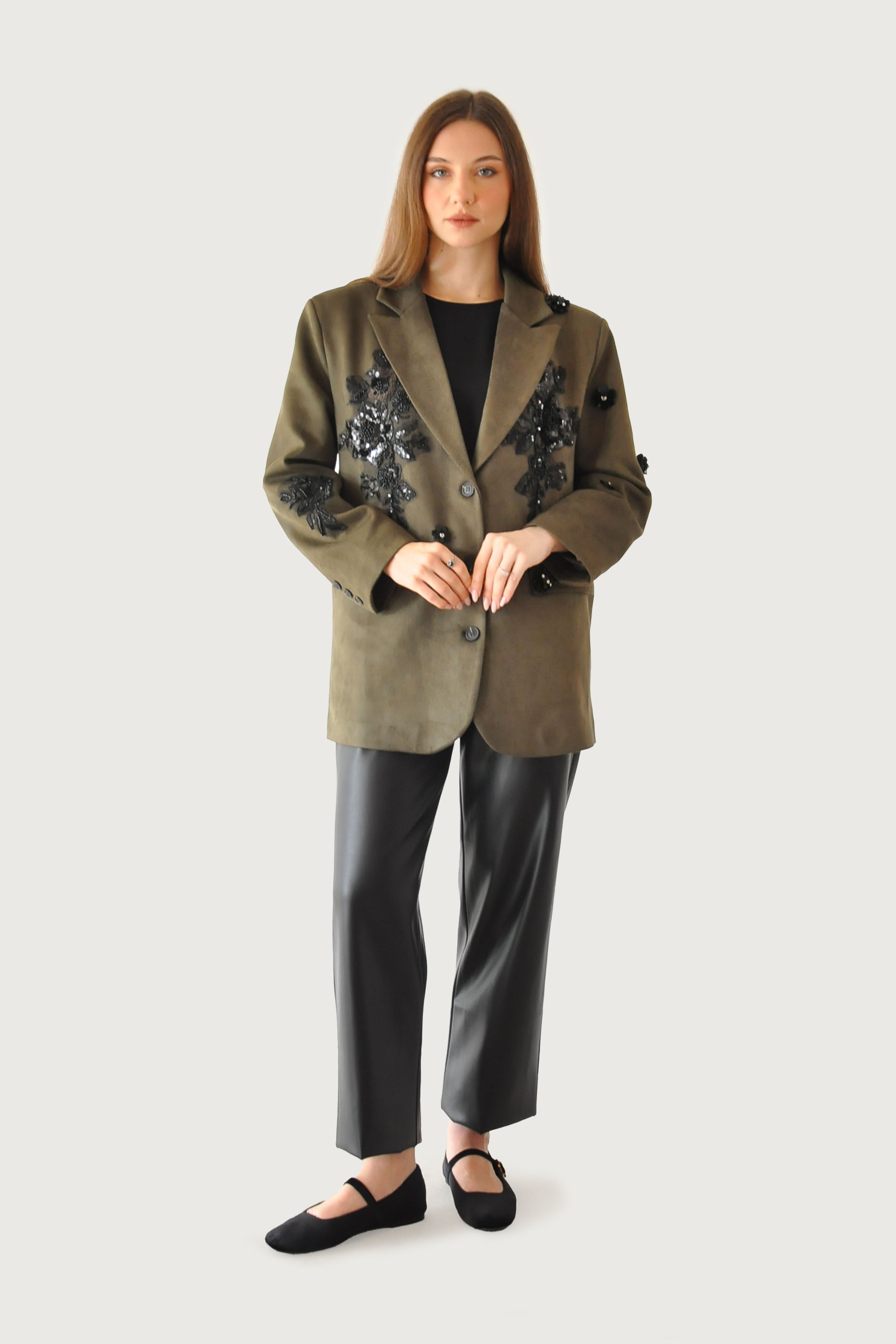 Nakışlı Süet Ceket - Haki