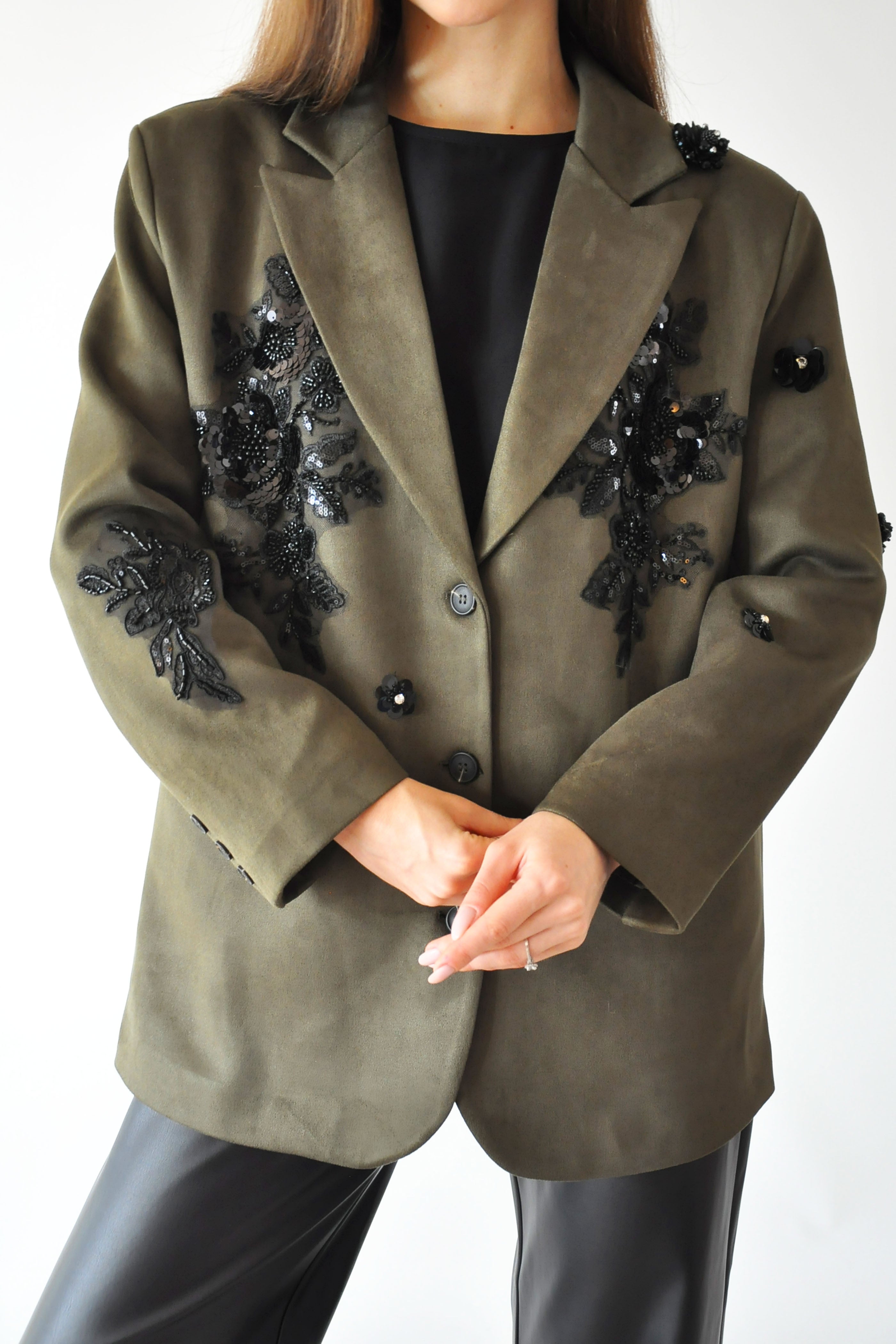 Nakışlı Süet Ceket - Haki