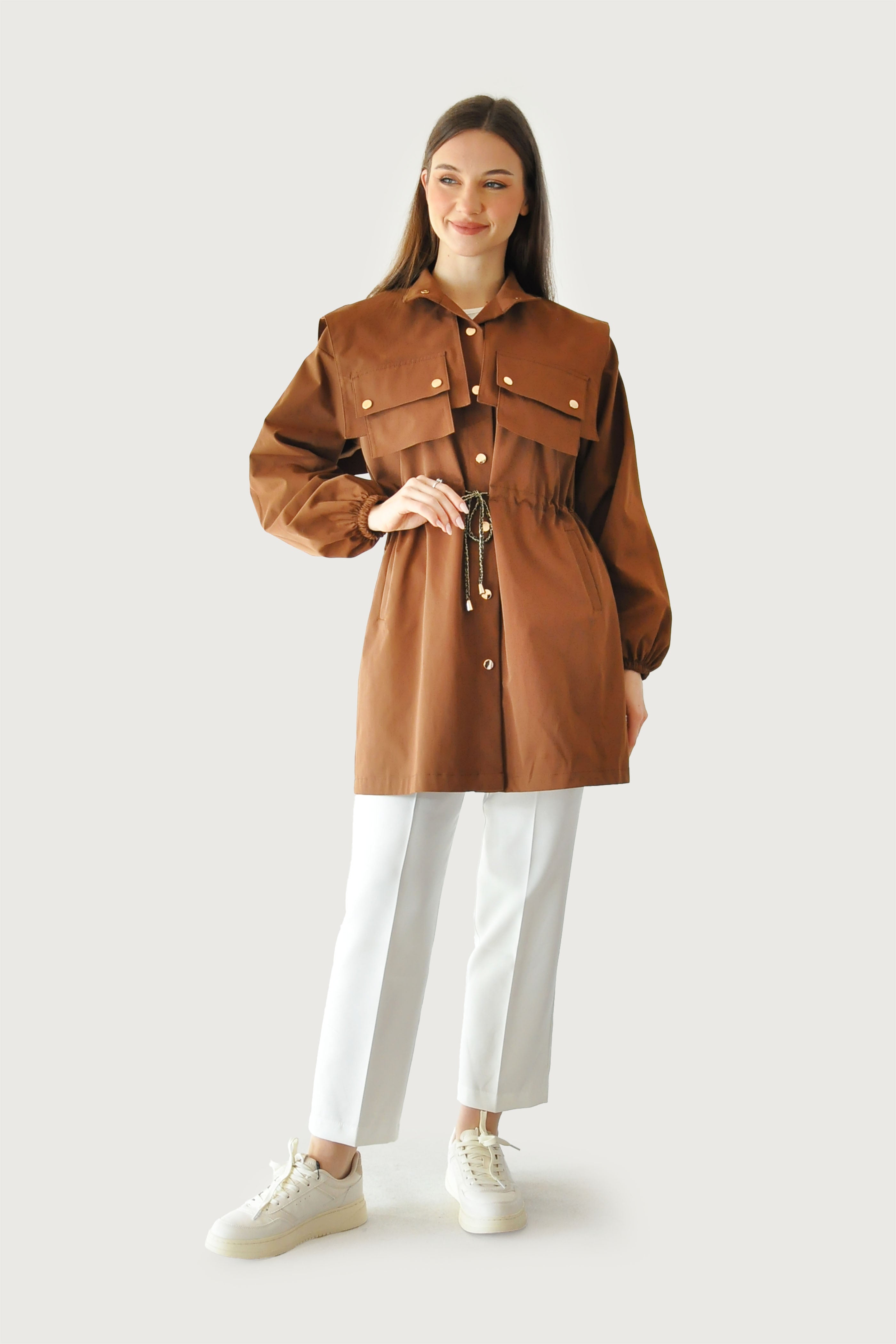 Bağcıklı Trençkot - Kahverengi