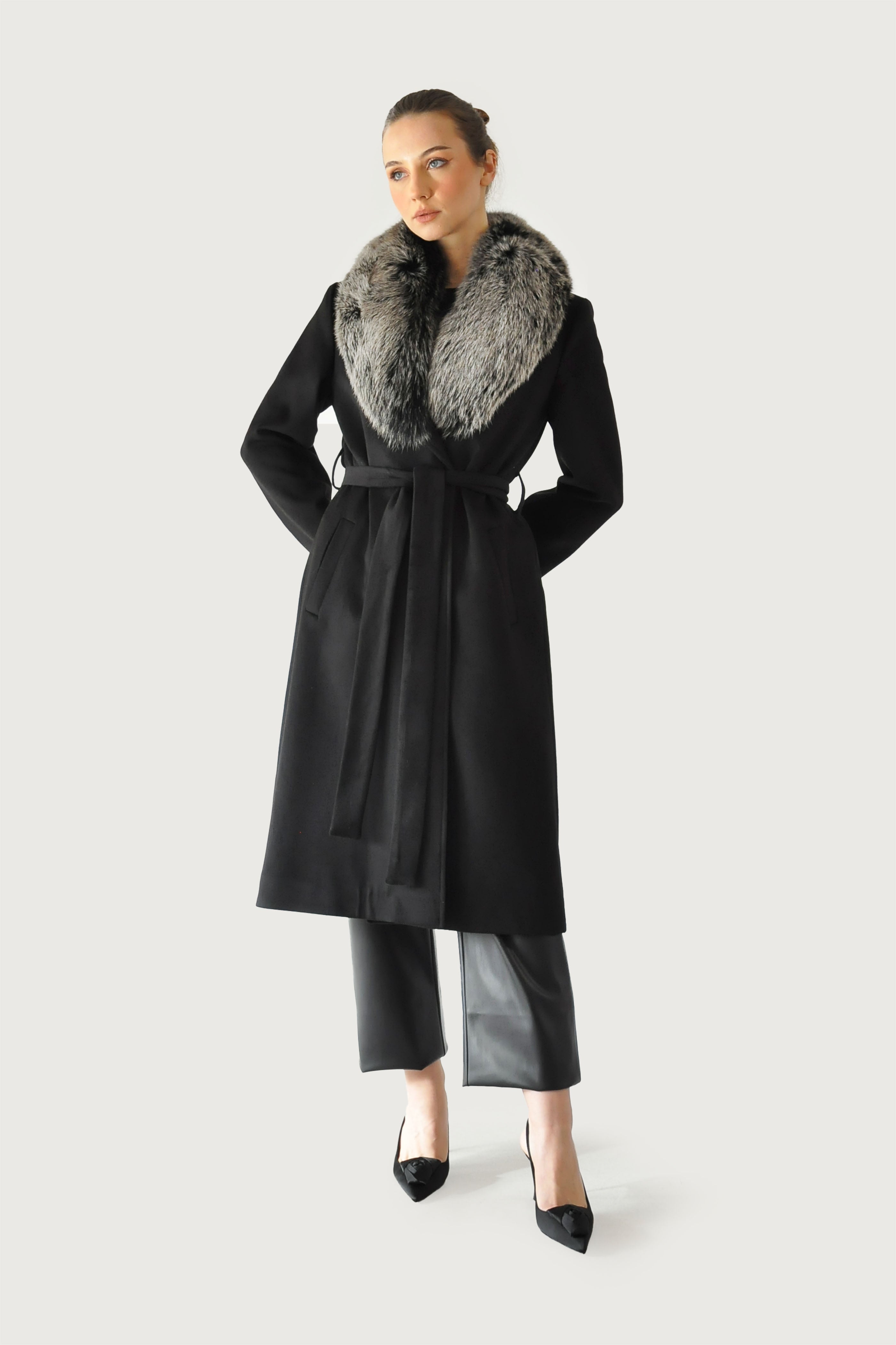 Kürk Detaylı Kaşe Kaşmir Kaban - Siyah