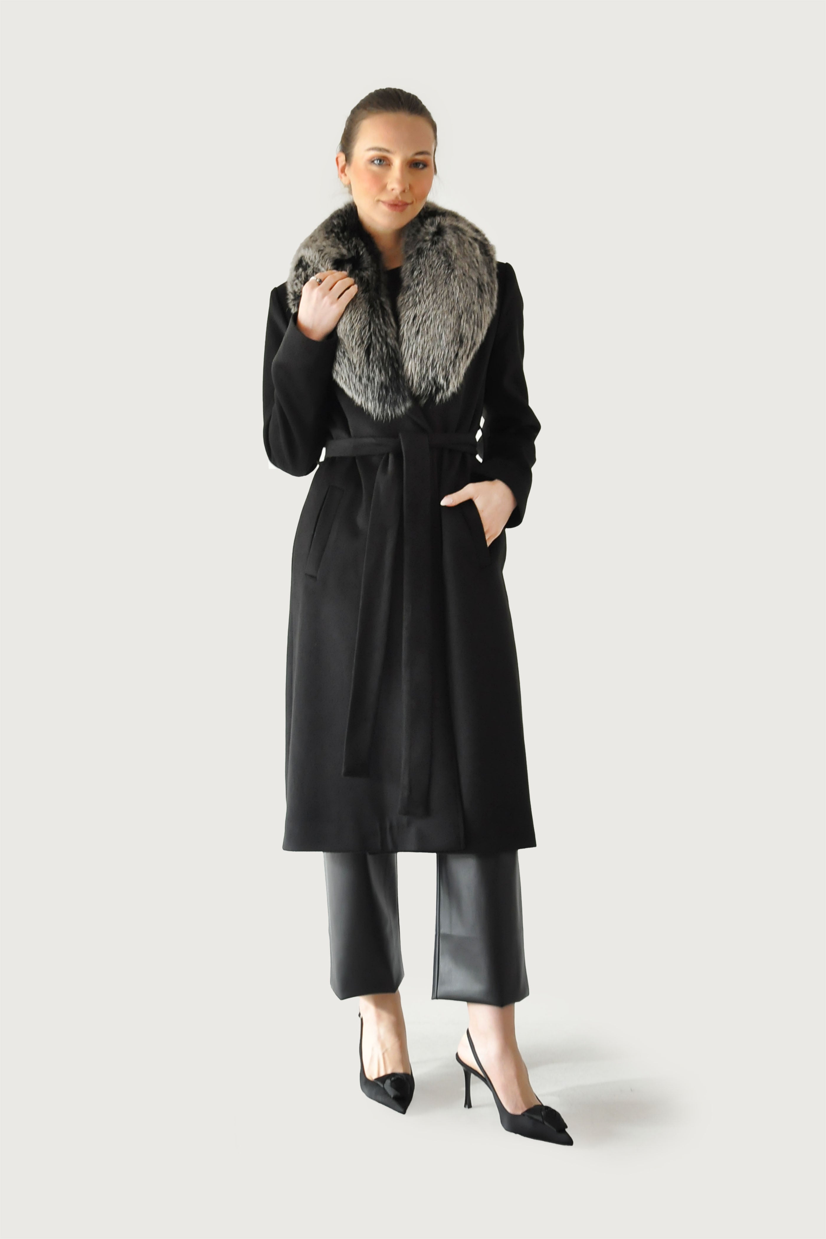 Kürk Detaylı Kaşe Kaşmir Kaban - Siyah