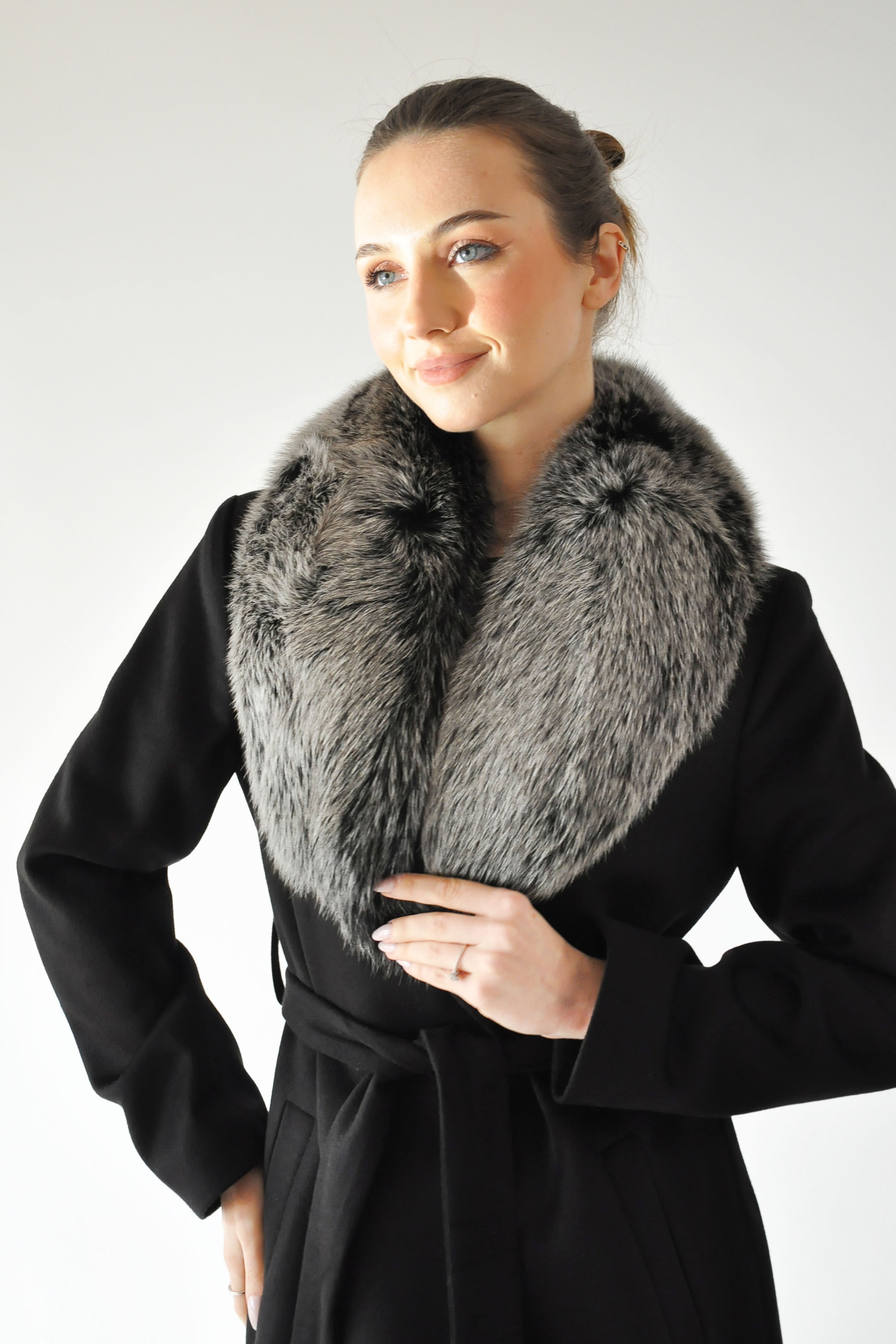 Kürk Detaylı Kaşe Kaşmir Kaban - Siyah