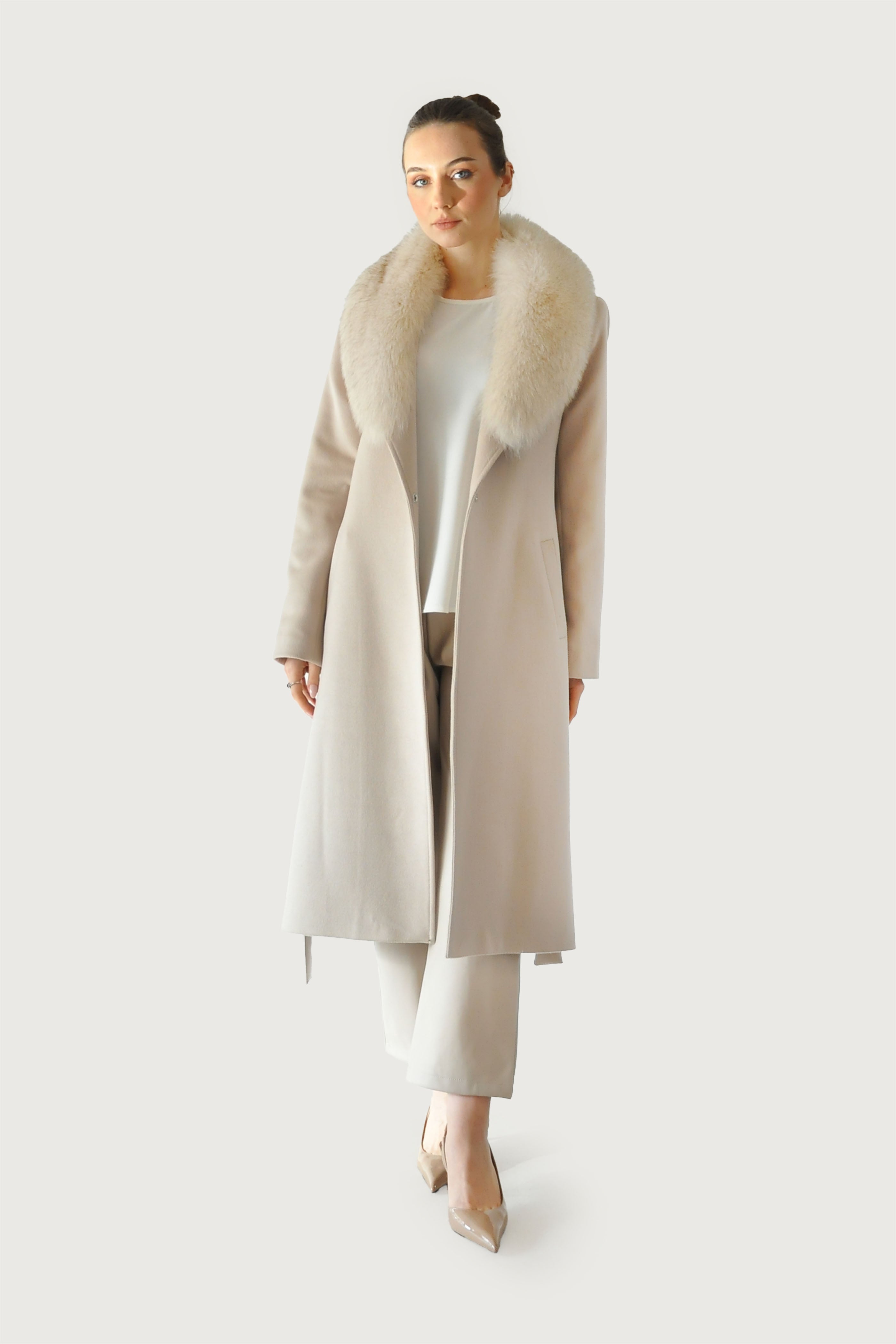 Kürk Detaylı Kaşe Kaşmir Kaban - Taş Rengi